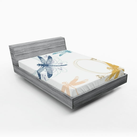 Ambesonne Dragonfly Fitted Sheet 2 Pcs Set, Floral Spring Season, California King, Multicolor