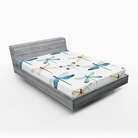 Ambesonne Dragonfly Fitted Sheet 2 Pcs Set, Regular Lines Insects, King, Orange Blue