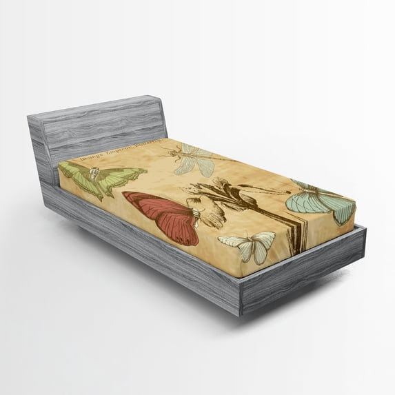 Ambesonne Dragonfly Fitted Sheet 2 Pcs Set, Retro Butterflies Art, Twin XL, Sand Brown Caramel