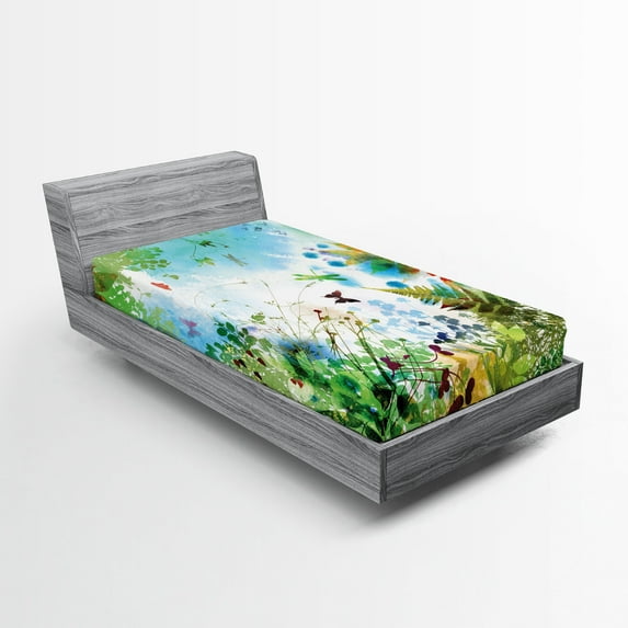 Ambesonne Dragonfly Fitted Sheet, Ferns Flourishing Nature, Twin Size, Multicolor