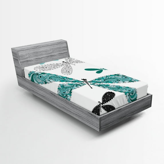 Ambesonne Dragonfly Fitted Sheet, Ornate Damask, Twin XL Size, Teal Turquoise Black
