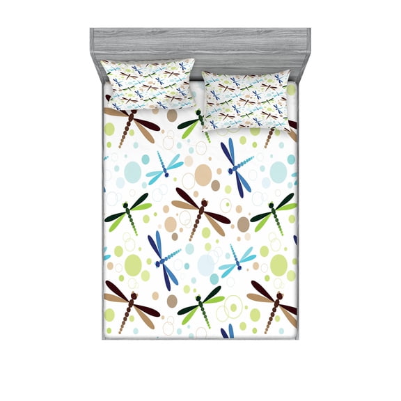 Ambesonne Dragonfly Fitted Sheet & Pillow Sham Set, Colorful Bubble Shape, Queen, Multicolor