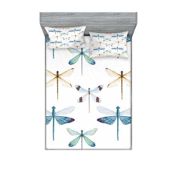 Ambesonne Dragonfly Fitted Sheet & Pillow Sham Set, Regular Lines Insects, Full, Orange Blue