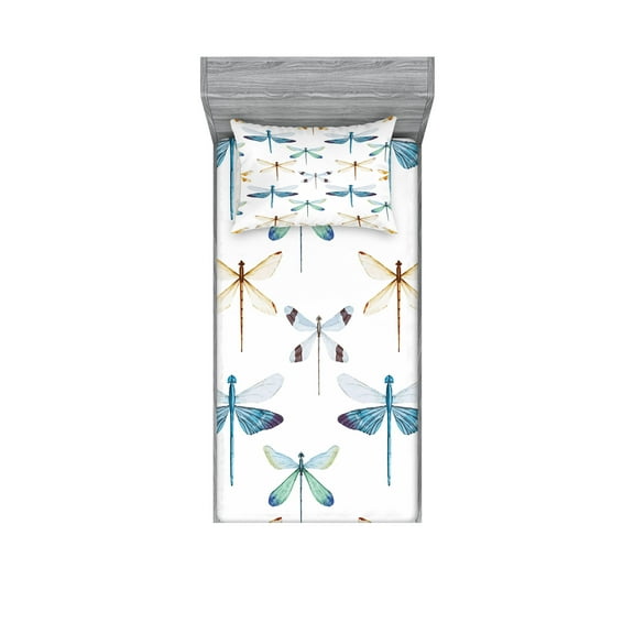 Ambesonne Dragonfly Fitted Sheet & Pillow Sham Set, Regular Lines Insects, Twin, Orange Blue
