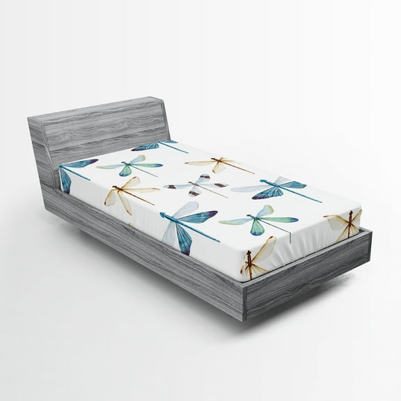 Ambesonne Dragonfly Fitted Sheet, Regular Lines Insects, Twin XL Size, Orange Blue