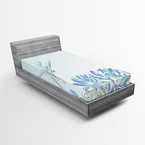 Ambesonne Dragonfly Fitted Sheet, Waterlilies Nature, Twin Size, Blue Green