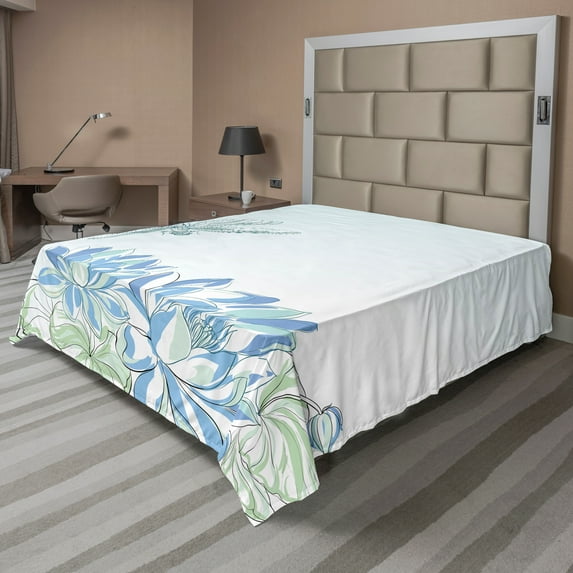Ambesonne Dragonfly Flat Sheet, Waterlilies Nature, King Size, Blue Green