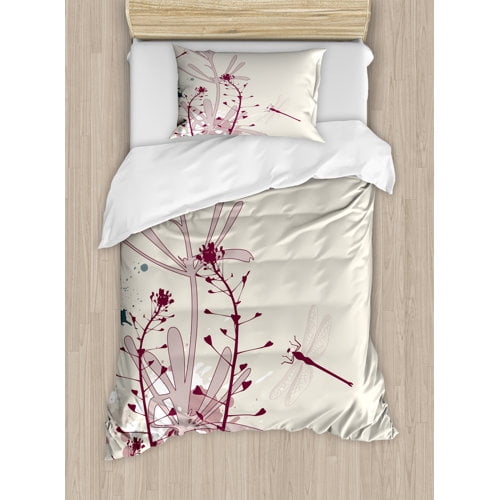 Ambesonne Dragonfly Grunge Style Design Flowers Leaves and Bugs Flies Wings Image Duvet Cover Set