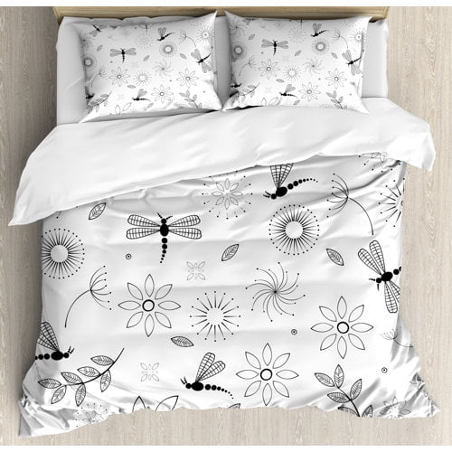 Ambesonne Dragonfly Indian Bohem Inspired Flying Butterfly Like Bugs and Flowers Dandelion Image Duvet Cover Set