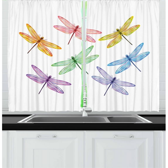 Ambesonne Dragonfly Kitchen Curtains, Fantasy Bugs Pattern, 55"x39", Multicolor
