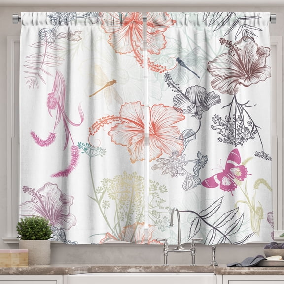 Ambesonne Dragonfly Kitchen Curtains, Hibiscus Moth Ornate, 55"x45", Multicolor