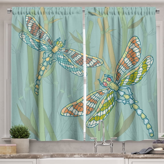 Ambesonne Dragonfly Kitchen Curtains, Insects Nature Exotic, 55"x39", Almond Green