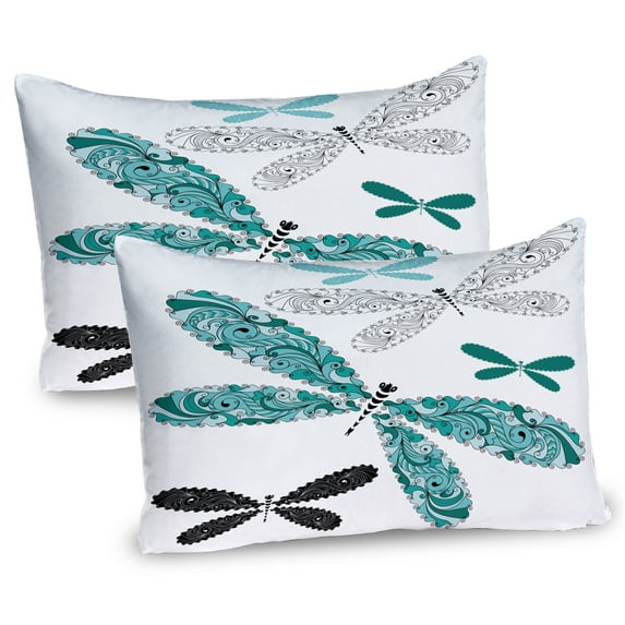Ambesonne Dragonfly Pillow Sham 2 Pack, Ornate Damask, 30"x20", Teal Turquoise Black