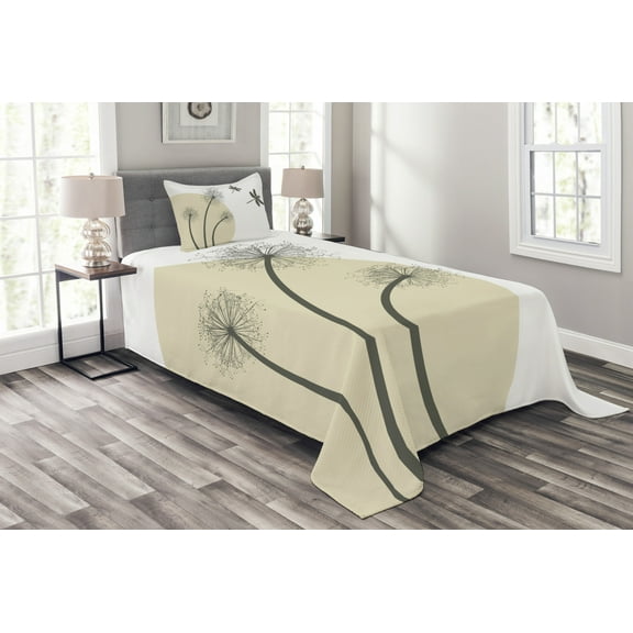 Ambesonne Dragonfly Quilted Bedspread Set 2 Pcs, Dandelions Spring Art, Twin Size, Tan Army Green