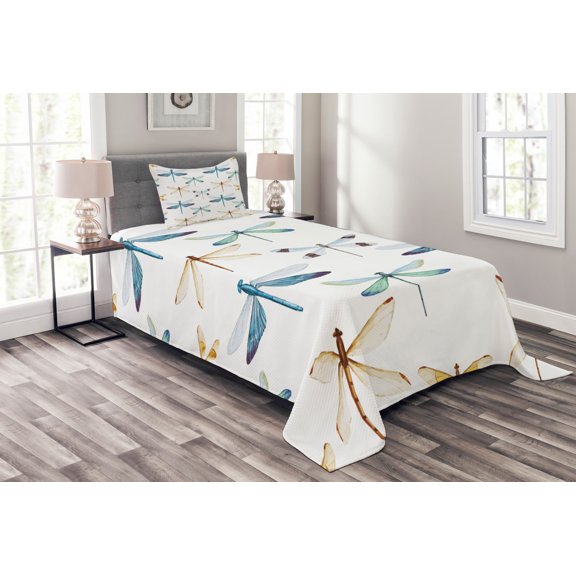 Ambesonne Dragonfly Quilted Bedspread Set 2 Pcs, Regular Lines Insects, Twin Size, Orange Blue