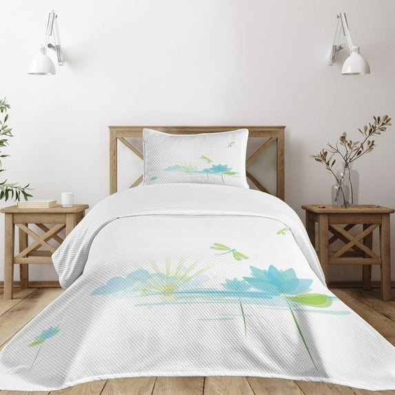 Ambesonne Dragonfly Quilted Bedspread Set 2 Pcs, Waterlily Nature Lake, Twin Size, Apple Green Pale Blue