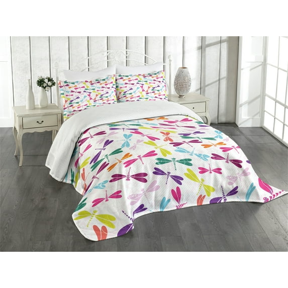 Ambesonne Dragonfly Quilted Bedspread Set 3 Pcs, Animals Flora, Queen Size, Multicolor
