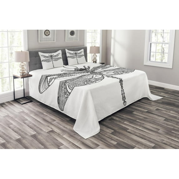 Ambesonne Dragonfly Quilted Bedspread Set 3 Pcs, Baroque Ornamental, King Size, Black White