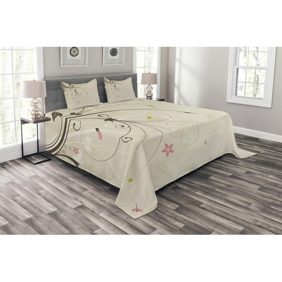 Ambesonne Dragonfly Quilted Bedspread Set 3 Pcs, Bouquet Shabby Plant, Queen Size, Tan Brown Pale Pink