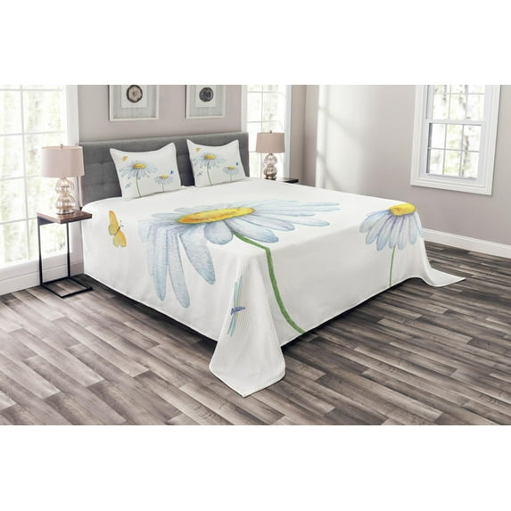 Ambesonne Dragonfly Quilted Bedspread Set 3 Pcs, Chamomile Soft Nature, King Size, Yellow White