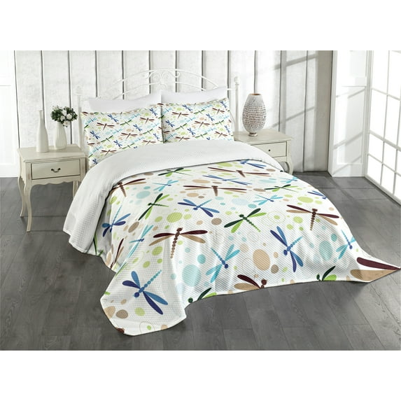 Ambesonne Dragonfly Quilted Bedspread Set 3 Pcs, Colorful Bubble Shape, Queen Size, Multicolor