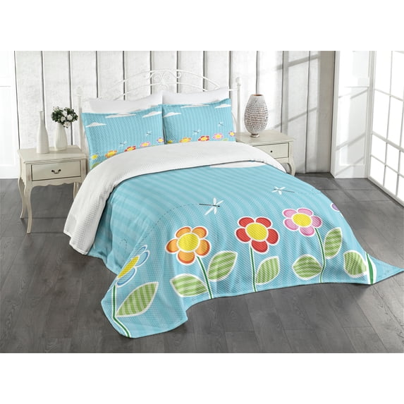 Ambesonne Dragonfly Quilted Bedspread Set 3 Pcs, Daisy Bloom Cartoon, King Size, Sky Blue White