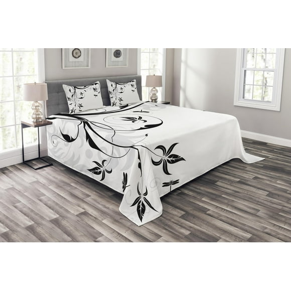 Ambesonne Dragonfly Quilted Bedspread Set 3 Pcs, Damask Curl Leaves, Queen Size, Pale Grey Black White