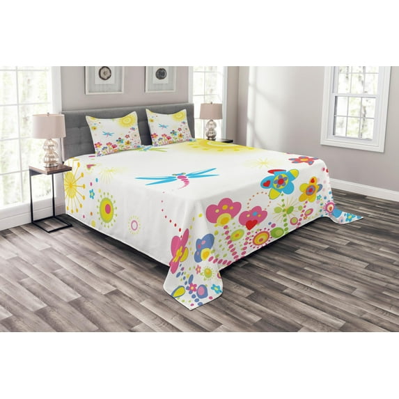 Ambesonne Dragonfly Quilted Bedspread Set 3 Pcs, Dandelions Happiness, Queen Size, Multicolor
