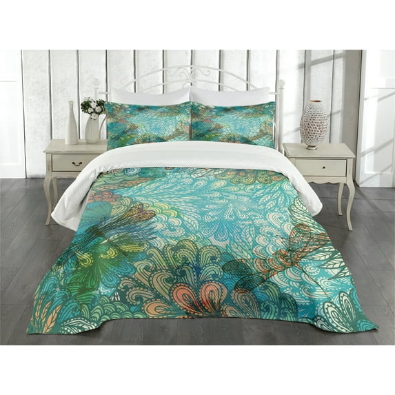 Ambesonne Dragonfly Quilted Bedspread Set 3 Pcs, Fantasy Flowers Mix, Queen Size, Turquoise Amber