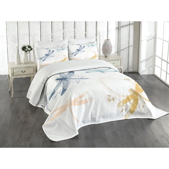 Ambesonne Dragonfly Quilted Bedspread Set 3 Pcs, Floral Spring Season, Queen Size, Multicolor