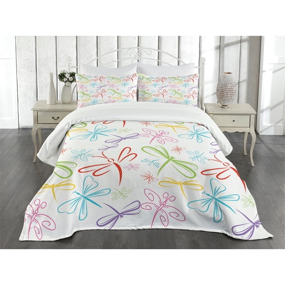 Ambesonne Dragonfly Quilted Bedspread Set 3 Pcs, Insects Wings, Queen Size, Multicolor