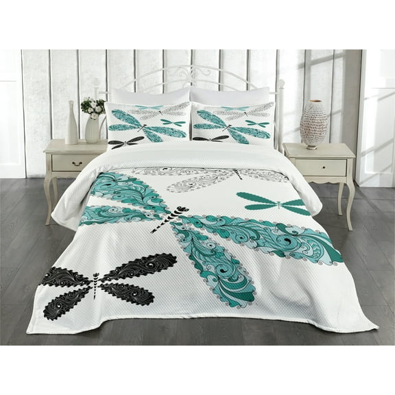 Ambesonne Dragonfly Quilted Bedspread Set 3 Pcs, Ornate Damask, King Size, Teal Turquoise Black