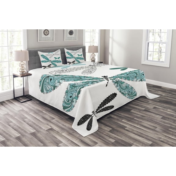 Ambesonne Dragonfly Quilted Bedspread Set 3 Pcs, Ornate Damask, Queen Size, Teal Turquoise Black