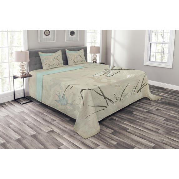 Ambesonne Dragonfly Quilted Bedspread Set 3 Pcs, Romantic Sketch Art, Queen Size, Seafoam and Tan