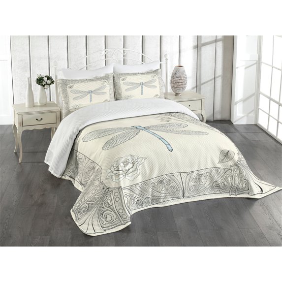 Ambesonne Dragonfly Quilted Bedspread Set 3 Pcs, Royal Rose Petals, King Size, Black Pale Blue