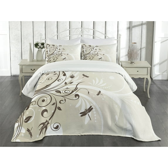 Ambesonne Dragonfly Quilted Bedspread Set 3 Pcs, Seasonal Flourish, Queen Size, Eggshell Brown