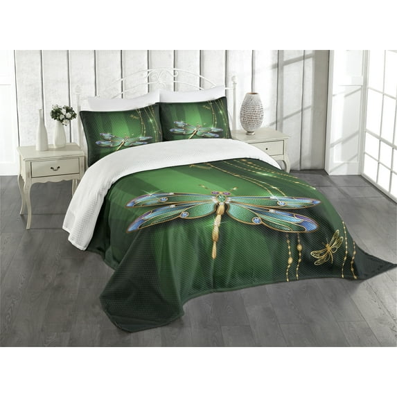Ambesonne Dragonfly Quilted Bedspread Set 3 Pcs, Vivid Gemstone, King Size, Emerald Multicolor