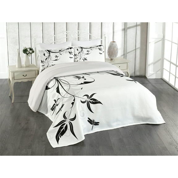 Ambesonne Dragonfly Quilted Coverlet 2 Pcs, Damask Curl Leaves, Twin Size, Pale Grey Black White