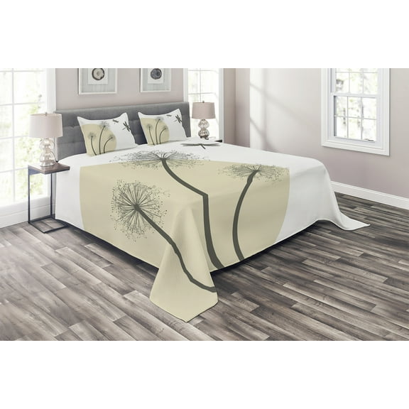 Ambesonne Dragonfly Quilted Coverlet 3 Pcs, Dandelions Spring Art, King Size, Tan Army Green