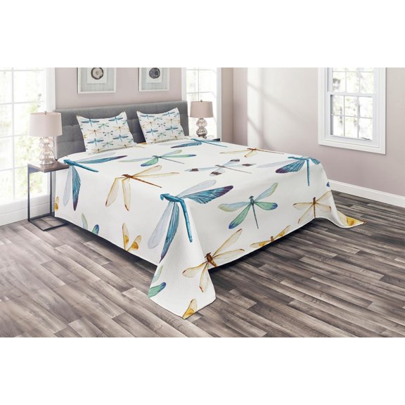 Ambesonne Dragonfly Quilted Coverlet 3 Pcs, Regular Lines Insects, King Size, Orange Blue