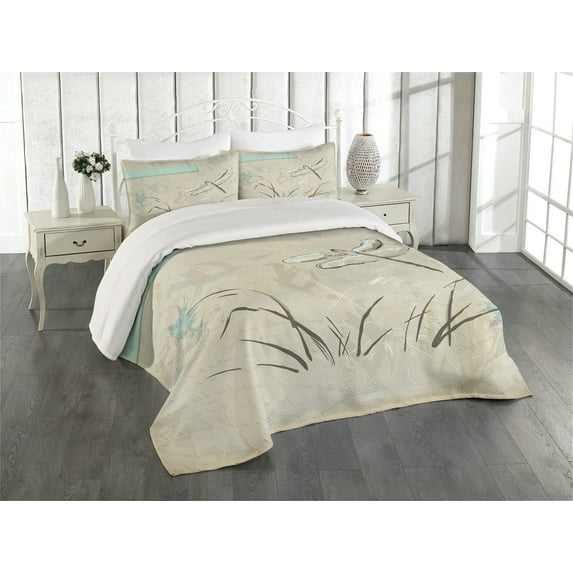 Ambesonne Dragonfly Quilted Coverlet 3 Pcs, Romantic Sketch Art, King Size, Seafoam and Tan