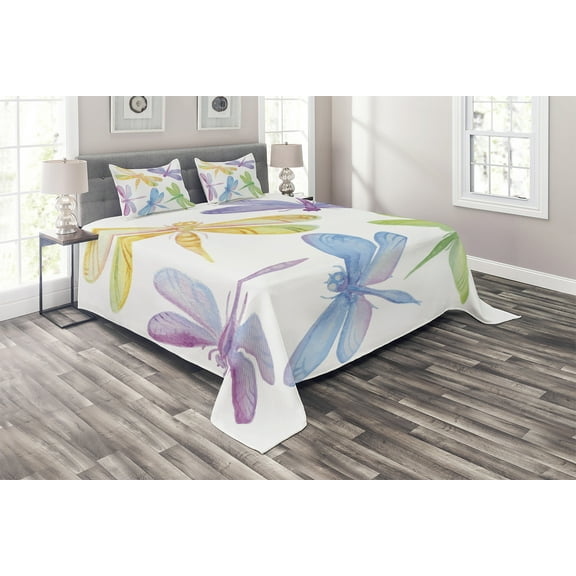 Ambesonne Dragonfly Quilted Coverlet 3 Pcs, Watercolor Winged Bug, King Size, Multicolor