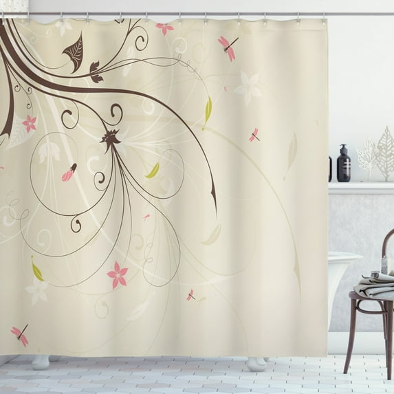 Ambesonne Dragonfly Shower Curtain, Bouquet Shabby Plant, 69"Wx84"L, Tan Brown Pale Pink