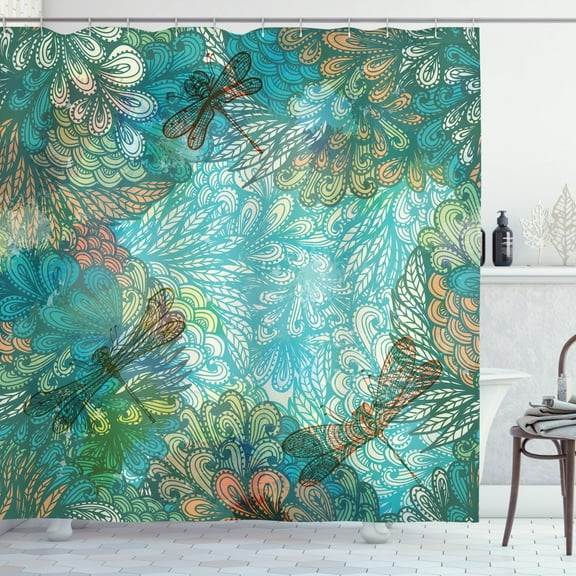 Ambesonne Dragonfly Shower Curtain, Fantasy Flowers Mix, 69"Wx75"L, Turquoise Amber