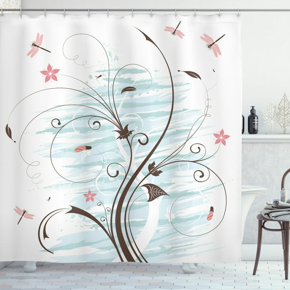 Ambesonne Dragonfly Shower Curtain, Grunge Flower Buds, 69"Wx84"L, Pale Pink Brown Mint