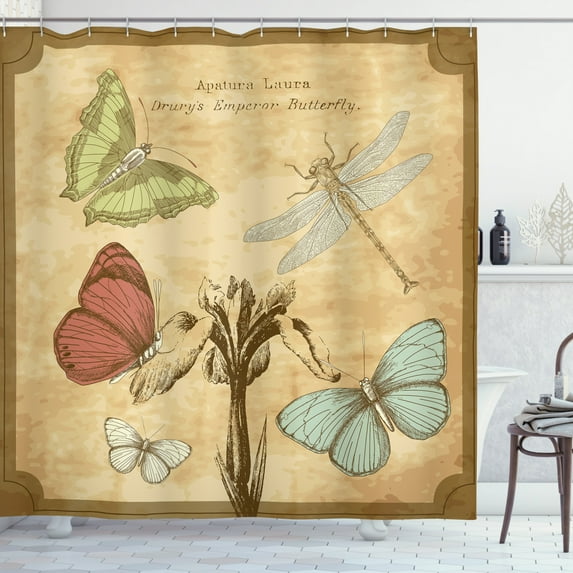Ambesonne Dragonfly Shower Curtain, Retro Butterflies Art, 69"Wx70"L, Sand Brown Caramel