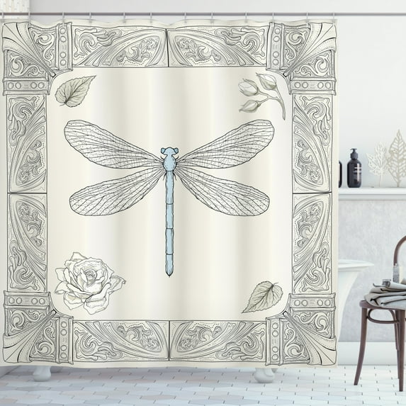 Ambesonne Dragonfly Shower Curtain, Royal Rose Petals, 69"Wx84"L, Black Pale Blue