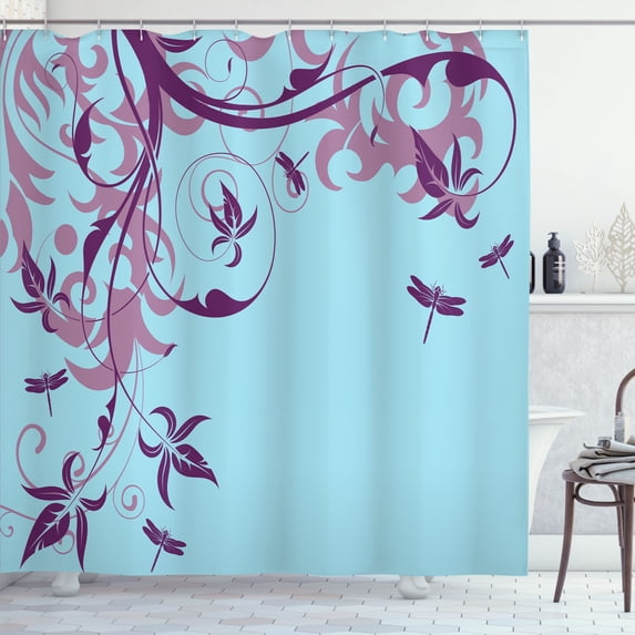 Ambesonne Dragonfly Shower Curtain, Swirled Floral Branches, 69"Wx75"L, Pale Azure