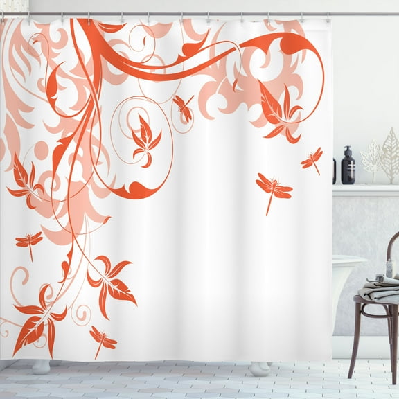 Ambesonne Dragonfly Shower Curtain, Swirling Floral Damask, 69"Wx70"L, Coral White
