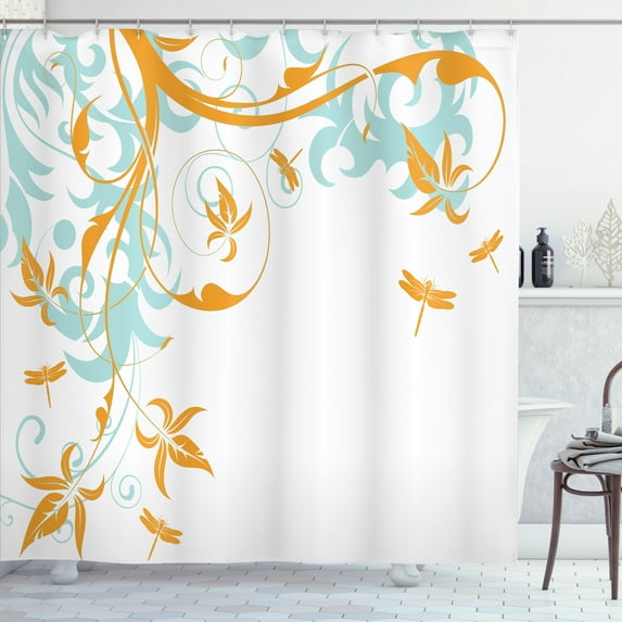 Ambesonne Dragonfly Shower Curtain, Swirling Floral Damask, 69"Wx70"L, Marigold Seafoam